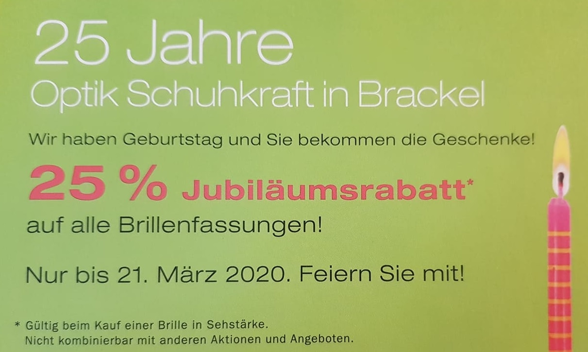 25% Jubiläumsrabatt auf alle Brillenfassungen!